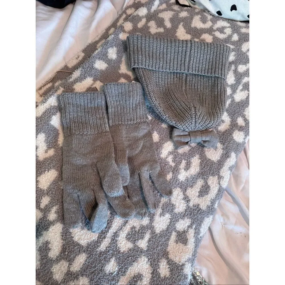 Kate Spade Gray Knit Dorothy Bow Beanie Hat & Gloves - Bow Fancy Warm GUC